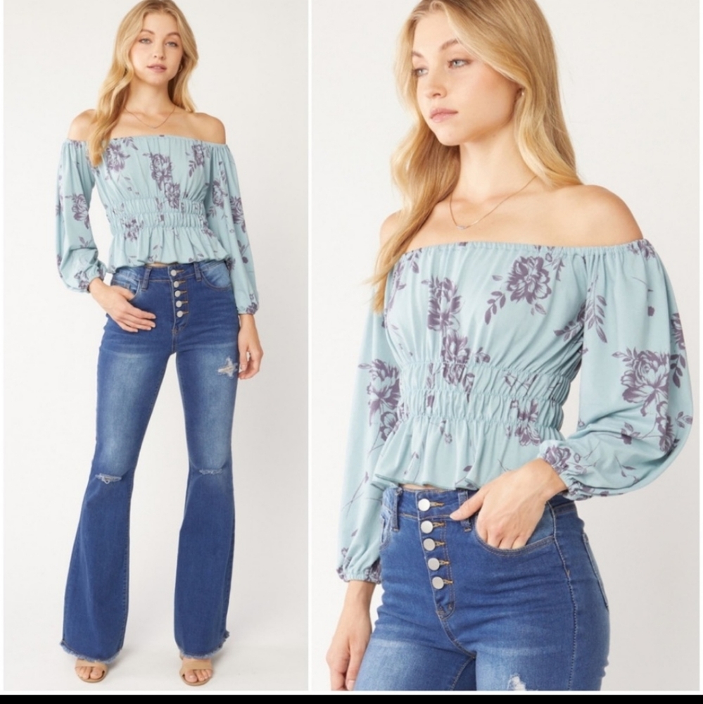 Cottagecore Off Shoulder Floral Top Ruched Waist Renaissance Inspired